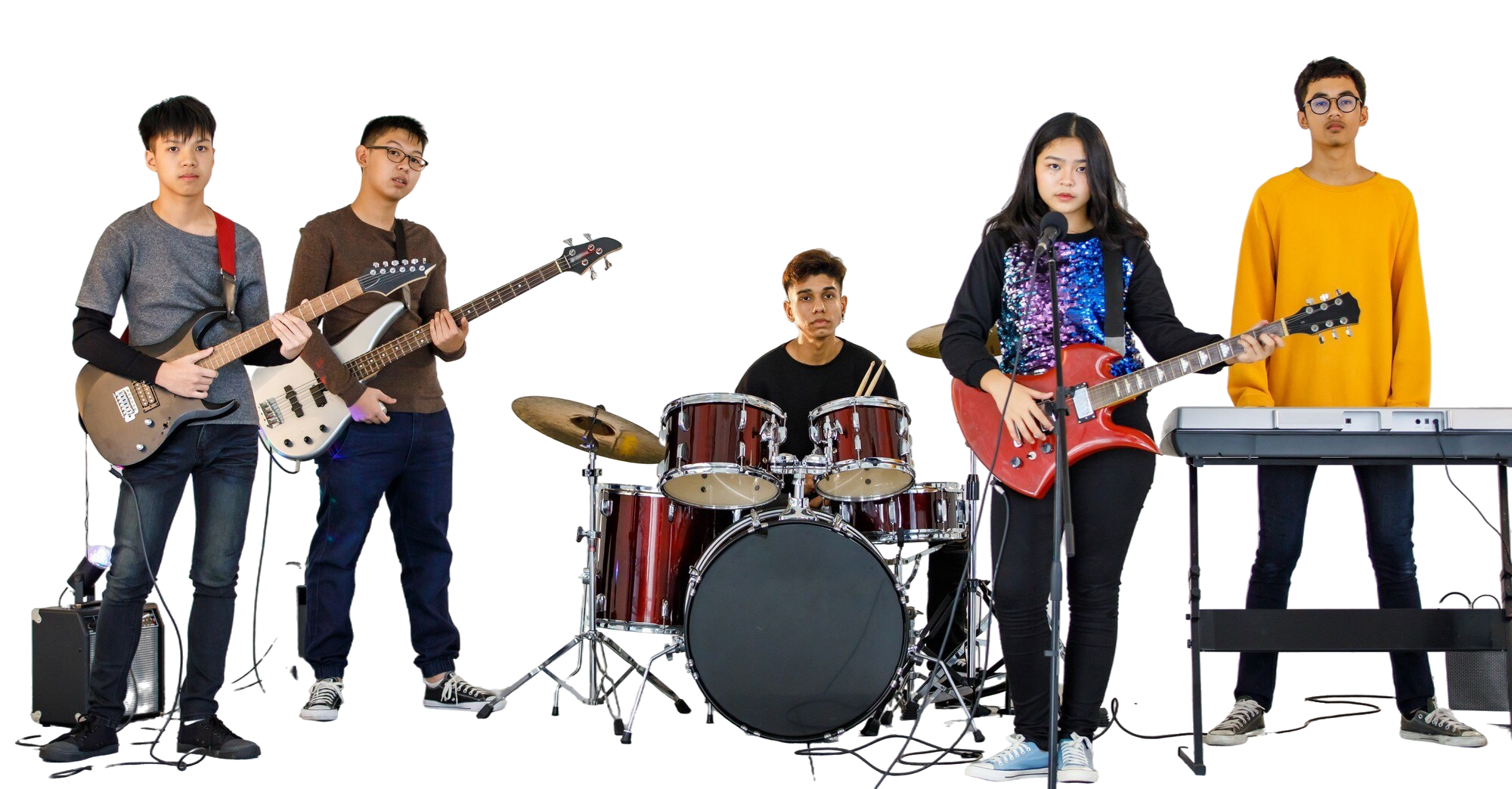 group shot five teenage musicians playing music singing song together young students play bass guitar electric guitar drum keyboard concept teenager playing with friends Fifth Rock Music Academy Bangalore